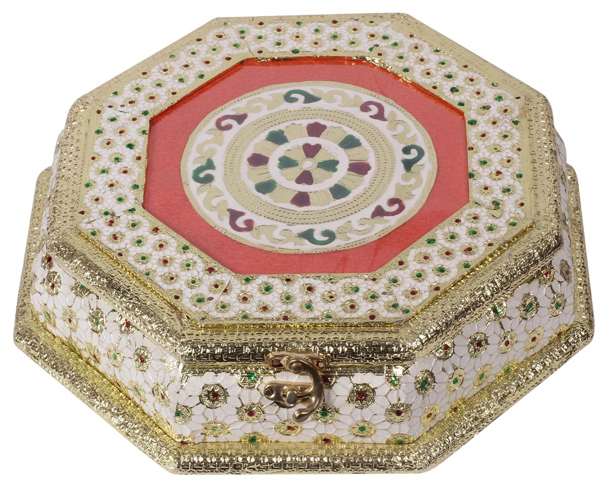 11.5” Spice Container / Dry-Fruit Holder / Tea Box in Brass & Aluminum Sheet - Octagonal Antique-Look Box with Metal Work - Dining Table / Kitchen Essentials - Buy in Bulk Wholesale